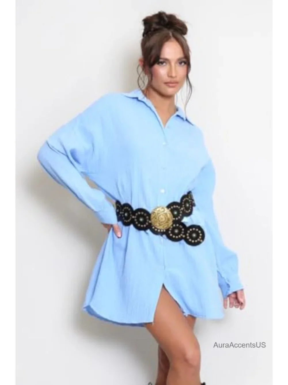 Women's PU Leather Concho Belt with Turquoise Discs - Boho Western Cowgirl